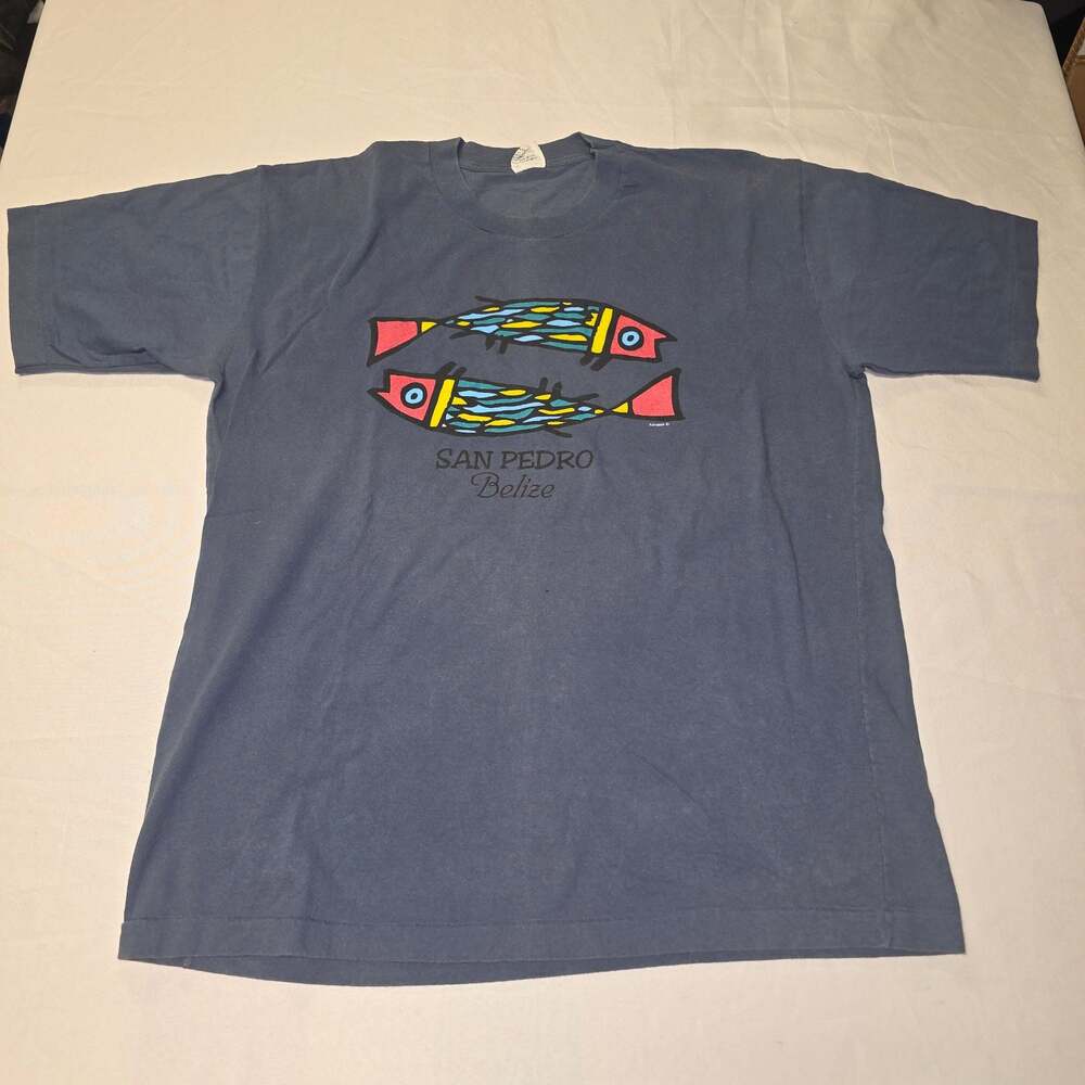 Vintage San Pedro Belize Fish Graphic T-Shirt Blue XL